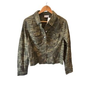 K Jordan Camo Denim Jacket XL Green Camouflage Cropped Raw Hem Utility Coat